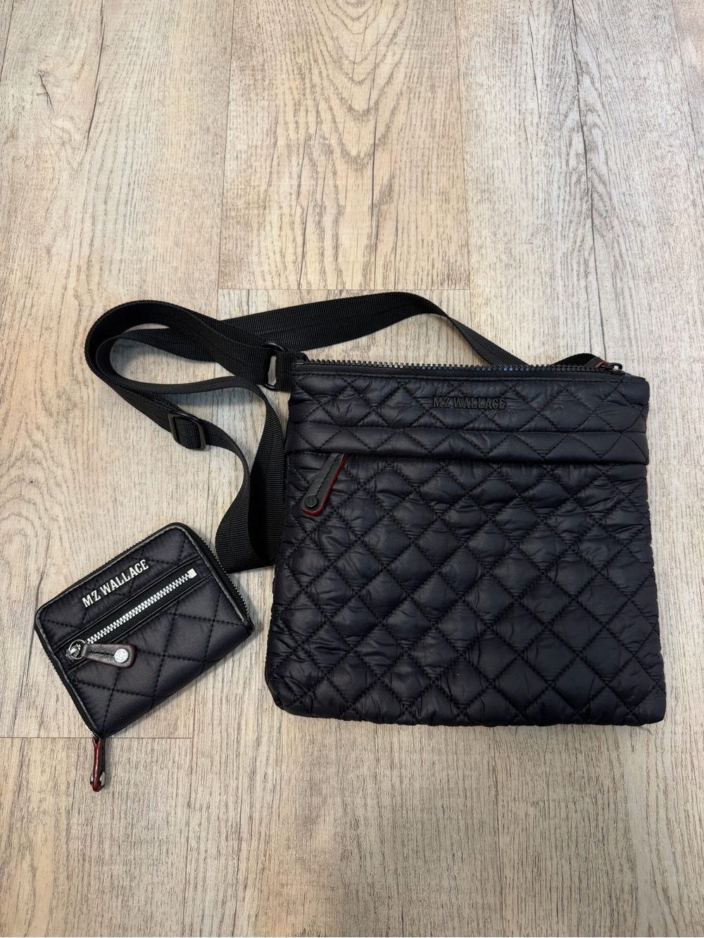 MZ Wallace Black Quilted Nylon Crossbody with Matching Card Wallet